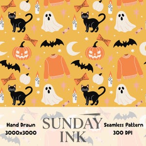 May include: A seamless pattern featuring black cats, white ghosts, orange pumpkins, orange sweaters, black bats, white candles, orange bows, and pink stars on a mustard yellow background. The text reads Hand Drawn 3000x3000 SUNDAY INK Seamless Pattern 300 DPI.