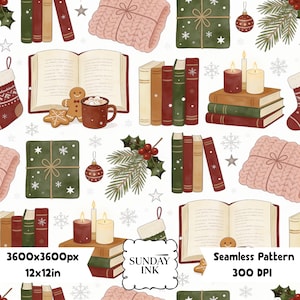May include: A seamless pattern featuring illustrations of open books, stacks of books, pink knit blankets, green wrapped gifts, red and white candles, gingerbread cookies, mugs of cocoa, stockings, holly sprigs, and snowflakes with text SUNDAY INK.
