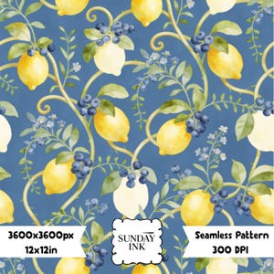 May include: A seamless digital pattern featuring yellow lemons, clusters of dark blue blueberries, and small light blue flowers on a solid blue background. The design includes the text SUNDAY INK, 3600x3600px, 12x12in, and 300 DPI.