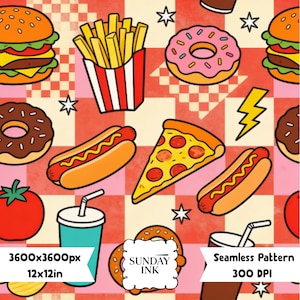 May include: A seamless pattern featuring fast food illustrations including burgers, french fries, doughnuts, hot dogs, pizza slices, tomatoes, and drinks on a red and cream checkered background. Text reads 3600x3600px, 12x12in, SUNDAY INK, and Seamless Pattern 300 DPI.