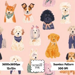 May include: A seamless pattern featuring various dog breeds on a light pink background. Each dog wears a colorful bandana or accessory. A central white label displays the text SUNDAY INK. The image includes text indicating 3600x3600px, 12x12in, and 300 DPI.
