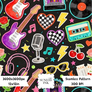 May include: A seamless pattern on a black background featuring colorful illustrations of electric guitars, vinyl records, cassette tapes, microphones, headphones, sunglasses, checkered hearts, lightning bolts, roses, and cherries with the text SUNDAY INK.