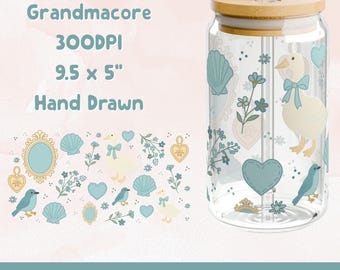 Grandmacore Libbey Glass Can Wrap Instant Download Coquette Goose Hand Drawn UVDTF Sipper Cup Glass Mug Wrap Grandmillenial Glass PNG