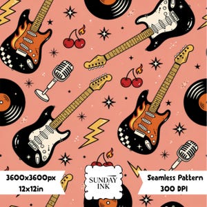 Retro Rock Seamless Pattern, Rock and Roll Digital Paper with Electric Guitars, Vinyl Records, Repeating Fabric Pattern for Digital Download
