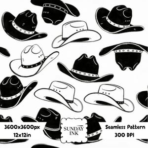 May include: A seamless pattern featuring black and white cowboy hats arranged in various orientations. The design includes the text SUNDAY INK, 3600x3600px, 12x12in, and Seamless Pattern 300 DPI printed on the image in a clear, legible font.