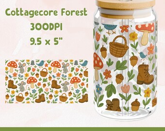 Vaso de vidrio con diseño de bosque Cottagecore, envoltura PNG, descarga instantánea, Libbey Glass de 16 oz, envoltura UV DTF, diseño de vaso de vidrio estético Cottagecore, PNG