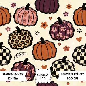 Peut inclure: Un motif répétitif de citrouilles sur fond crème. Les designs incluent des citrouilles orange unies, à motif léopard, à damier noir et blanc, et à fleurs roses et violettes. Texte : 3600x3600px, 12x12in, SUNDAY INK, Seamless Pattern, 300 DPI.