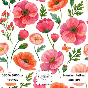 Könnte beinhalten: Ein nahtloses Muster mit aquarellartigen Mohnblumen in Rosa-, Korallen- und Orangetönen mit grünem Blattwerk auf weißem Grund. Text: SUNDAY INK, 3600x3600px, 12x12in, Seamless Pattern, 300 DPI. Enthält Blütenknospen und einen Schmetterling.