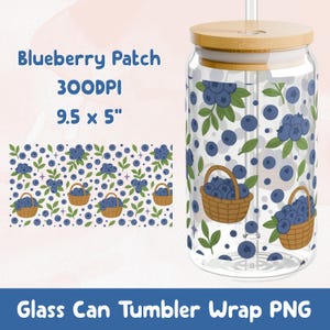 Blueberry Patch Glass Can Tumbler Wrap PNG Libbey Glass 16oz Blueberry Fruit Design Instant Download PNG Glass Tumbler Wrap Blueberries