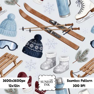 May include: A seamless pattern featuring watercolor illustrations of wooden skis, ski poles, ice skates, a blue thermos, a wooden sled, ski goggles, pine branches, snowflakes, and knit hats and mittens in shades of blue, white, and dark red.