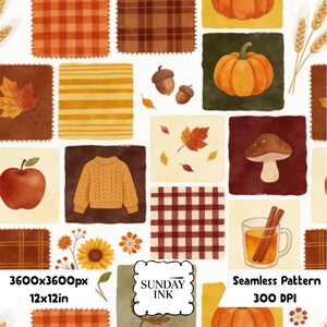 Könnte beinhalten: Ein nahtloses Muster aus quadratischen Feldern mit herbstlichen Motiven wie orangefarbenen Kürbissen, roten Äpfeln, Eicheln, einem gelben Pullover, Pilzen, Sonnenblumen, Weizen und Zimtstangen in einer Tasse, mit dem Text Sunday Ink.
