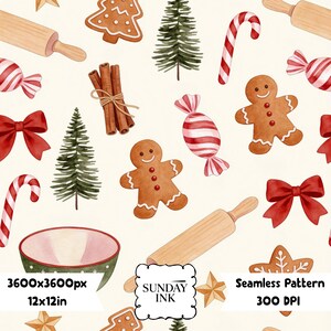 Christmas Baking Seamless Pattern Digital Paper Gingerbread Candy Cane Repeat, Vintage Holiday Kitchen PNG, Printable Scrapbook Paper