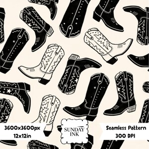 May include: A seamless pattern featuring black and white cowboy boots with star and floral details on a cream background. The image includes text reading SUNDAY INK, 3600x3600px, 12x12in, Seamless Pattern, and 300 DPI in the lower section.