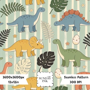 May include: A seamless pattern featuring various dinosaurs, including a blue long-necked dinosaur, a blue stegosaurus, a yellow triceratops, and a green long-necked dinosaur, interspersed with tropical leaves, small flowers, and eggs on a striped background.
