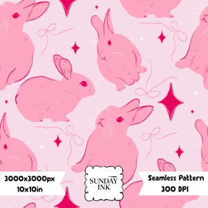 May include: A seamless pattern featuring pink rabbits, thin line-drawn bows, and four-pointed stars on a light pink background. The text SUNDAY INK is centered in a white scalloped frame. The image includes text 3000x3000px, 10x10in, 300 DPI.