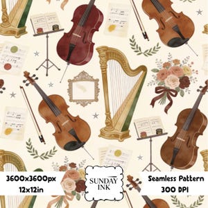 May include: A seamless pattern featuring watercolor illustrations of violins, cellos, harps, music sheets, bouquets of roses, and small stars on a cream background. The text SUNDAY INK is centered in a white scalloped frame with 3600x3600px 12x12in.