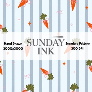 Könnte beinhalten: Nahtloses Musterdesign mit orangefarbenen Karotten, die mit rosa Schleifen gebunden sind, vor einem Hintergrund aus vertikalen blau-weißen Streifen. Das Design umfasst kleine rosa Schleifen und orangefarbene Sternformen. Der Text "SUNDAY INK" wird angezeigt.