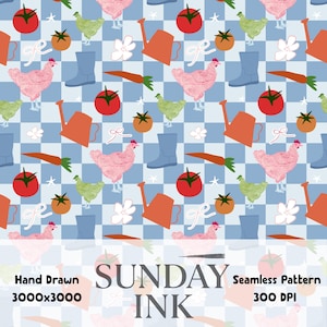 May include: A seamless pattern featuring a light blue and white checkered background with illustrations of pink chickens, red tomatoes, orange carrots, blue rain boots, orange watering cans, and white flowers. Text reads: SUNDAY INK.
