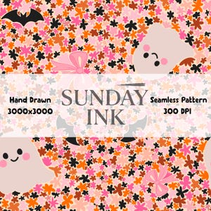May include: A seamless pattern featuring a floral design with pink, orange, and black flowers. The pattern includes a cartoon ghost, a pink bow, and a bat. The text "SUNDAY INK" is displayed in the center.