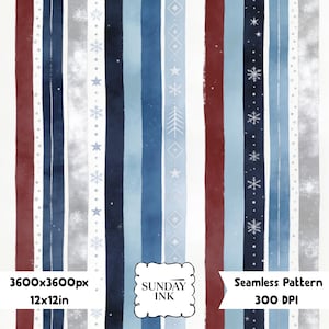 Peut inclure: Un motif numérique sans couture avec des rayures verticales bleu marine, bleu clair, bordeaux et gris. Le design inclut des flocons de neige blancs, des formes géométriques et des arbres stylisés. Texte : SUNDAY INK, 3600x3600px, 12x12in, Seamless Pattern, 300 DPI.