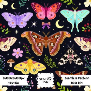 May include: A seamless pattern on a black background featuring various colorful moths and butterflies, crescent moons, stars, small flowers, and berries. The text SUNDAY INK is centered in a white scalloped frame with 3600x3600px and 12x12in labels.