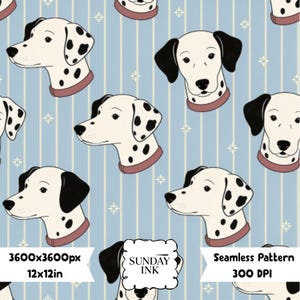 Peut inclure: Un motif répétitif illustrant des têtes de chiens dalmatiens sur un fond bleu clair à rayures verticales blanches et petites étoiles. Le texte SUNDAY INK est visible, ainsi que les mentions 3600x3600px, 12x12in et 300 DPI.