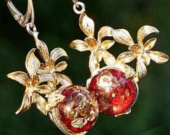 Gold Plated Amber Drop Earrings: Floral Leaf Design, Handmade Luxury Gift
