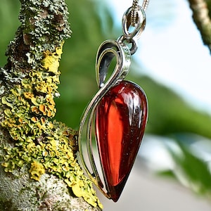 Cognac Baltic Amber Teardrop Pendant In Sterling Silver – Sculptural Handmade Designer Jewellery