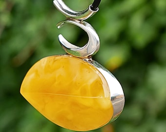 Large Rare Butterscotch Baltic Amber Pendant in Sterling Silver on Jewellery Cord