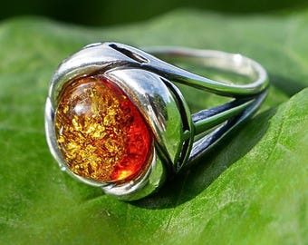 Cognac Baltic Amber Ring, Sterling Silver Petal Design, Inclusion Rich, UK Size O
