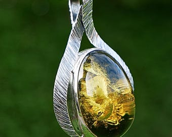Green Baltic Amber Pendant Sterling Silver – Crystallised Inclusions, Sculptural Statement Design