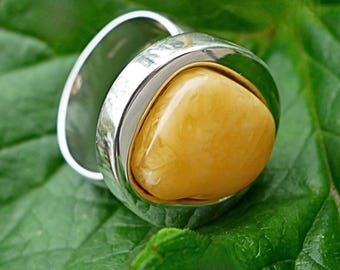 Rare Butterscotch Baltic Amber Ring, Handmade Chunky Sterling Silver, Modern Oval Design