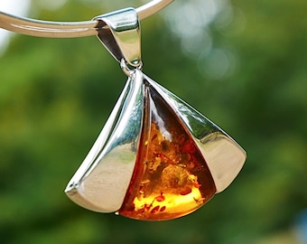 Cognac Baltic Amber Fan Pendant Sterling Silver Modern Statement Handmade Elegant Jewellery