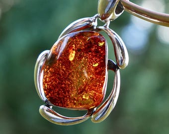 Cognac Baltic Amber Round Pendant In Sterling Silver – Handmade Floral Crown Design Jewellery Gift