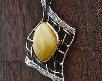 Sculptural Butterscotch Amber Pendant In Artistic Sterling Silver – Handmade Statement Jewellery Gift