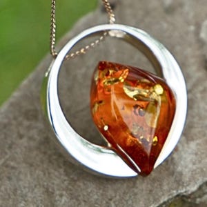 Cognac Amber Teardrop Pendant in Curved Sterling Silver Handmade Jewellery One of a Kind Unique Gift