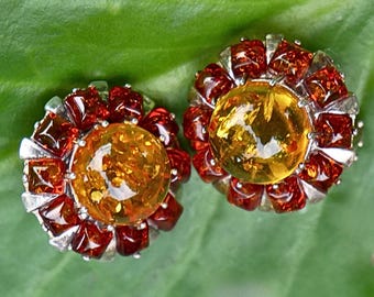 Baltic Amber Clip On Earrings Sterling Silver Honey Cognac Sunflower Design
