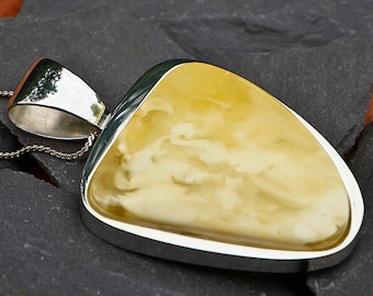 Natural Baltic Amber Pendant – Rare Butterscotch Amber in Chunky Sterling Silver, Large Modern Design