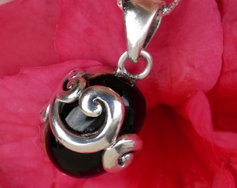 Black Onyx Sterling Silver Oval Pendant Swirl Design Elegant  Jewellery Gift For Her
