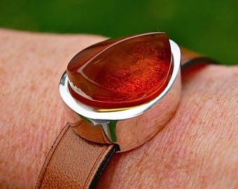 Unisex Cognac Amber Bracelet in Sterling Silver – Designer Leather Cuff • Modern Handmade Jewellery