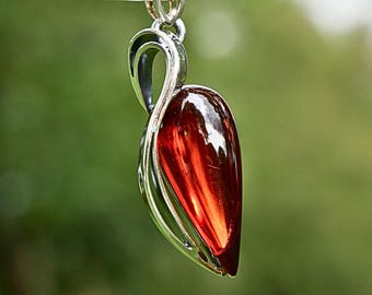 Deep Cognac Baltic Amber Pendant in Sterling Silver Sculptural Modern Design Jewellery