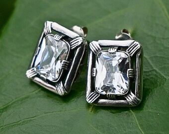 Rectangular Large Cubic Zirconia Earrings Sterling Silver Elegant Design Jewellery