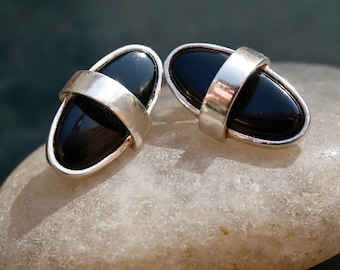 Black Onyx Stud Earrings Sterling Silver Minimalist Modern Oval Jewellery