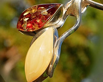 Crimson Red and Butterscotch Baltic Amber Statement Pendant in Sterling Silver and Gold