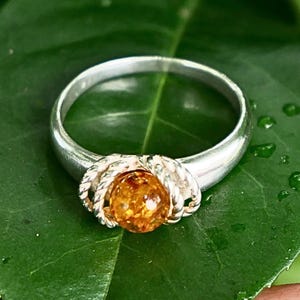 Cognac Baltic Amber Ring 925 Sterling Silver Twisted Rope Design UK size O US size 7 EU size 54 Natural Gem Jewellery Unique Gift for Her