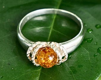 Cognac Baltic Amber Ring: Sterling Silver Twisted Rope Design, Size US 7 UK O
