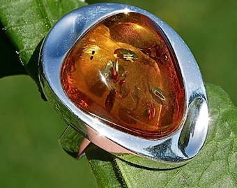 Cognac Baltic Amber Ring in Sterling Silver Large Statement Ring UK Size N