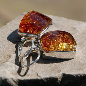 Cognac amber drop earrings sterling silver rectangle shape handmade jewellery with inclusions elegant lightweight modern design gift for her