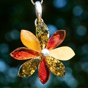 Multicolour Baltic Amber Flower Petals Pendant Sterling Silver Jewellery with Artistic Back Handmade Organic Gem Unique Gift for Her