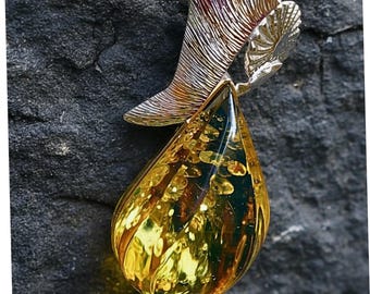 Dark Green Rare Baltic Amber Pendant Sterling Silver Gold Plated Designer Statement Jewellery Gift